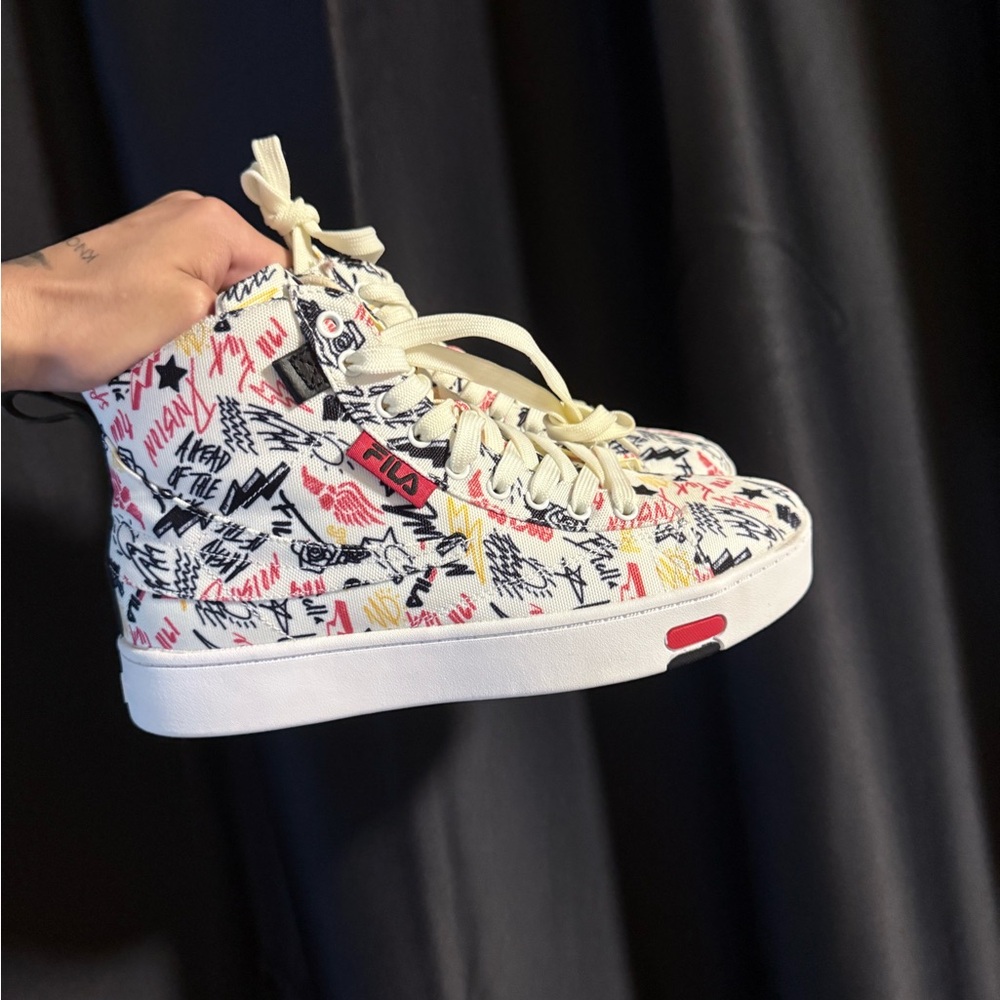 Fila Graphic High-Top Sneakers in Cream and Red